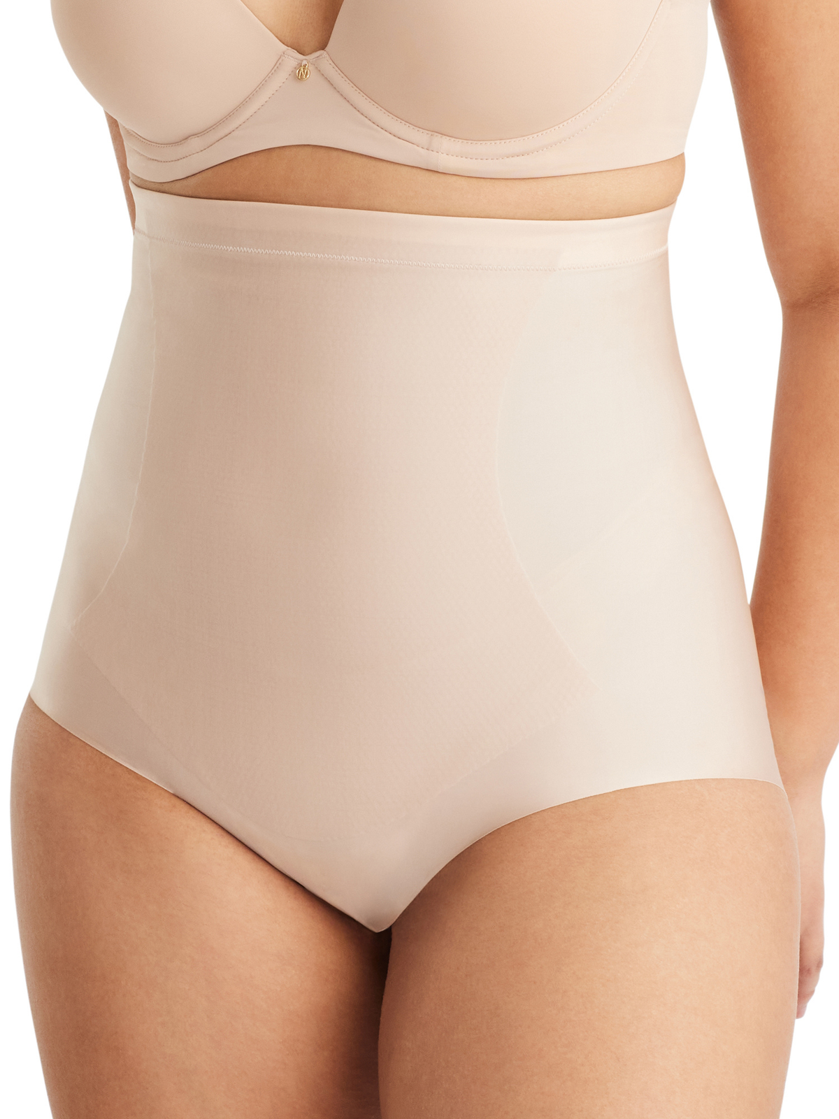 Side view of Nancy Ganz No VPL High Waisted Brief in Warm Taupe, high waisted seamless brief with invisible edges under clothing