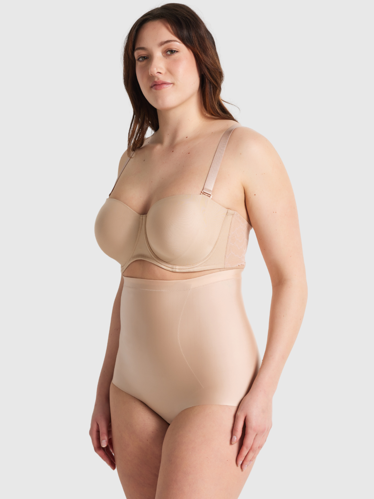 Side view of No VPL High Waisted Brief fabric with innovative nano elastic and free cut edges for invisible shaping.