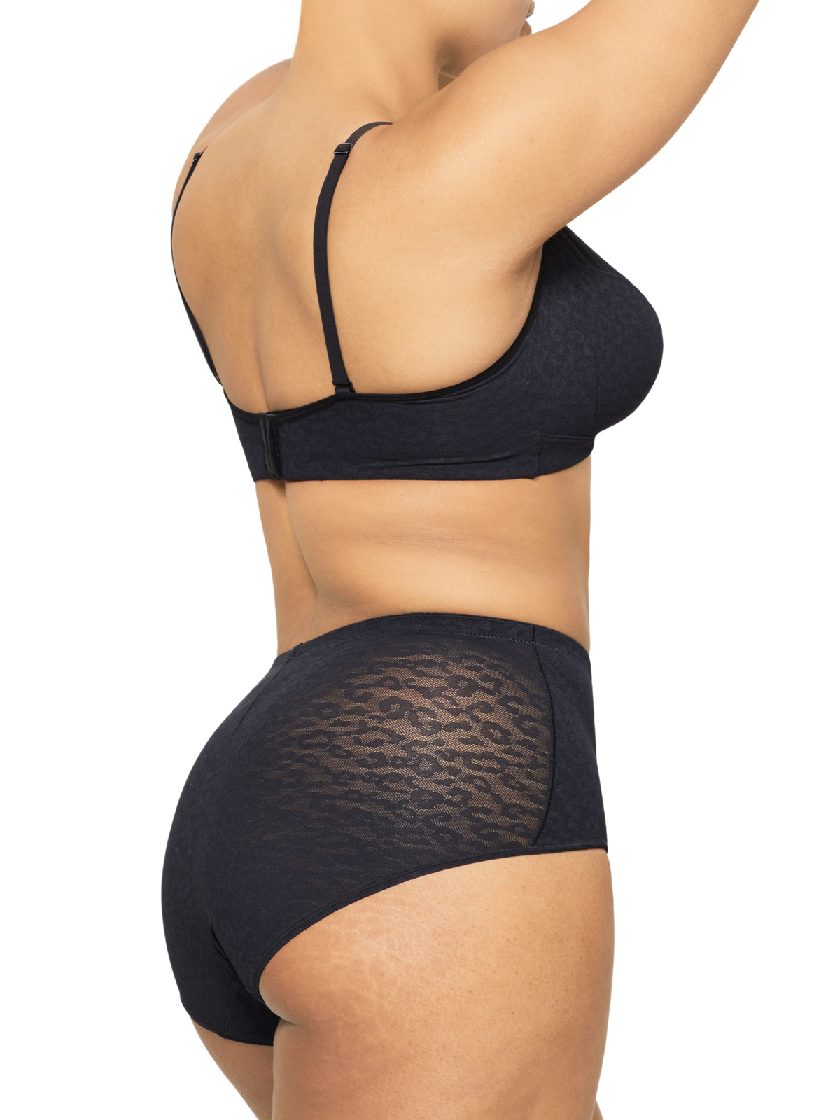 Side view of the Nancy Ganz Lace Supreme Waisted Brief highlighting the high-rise waist and flattering leg line.