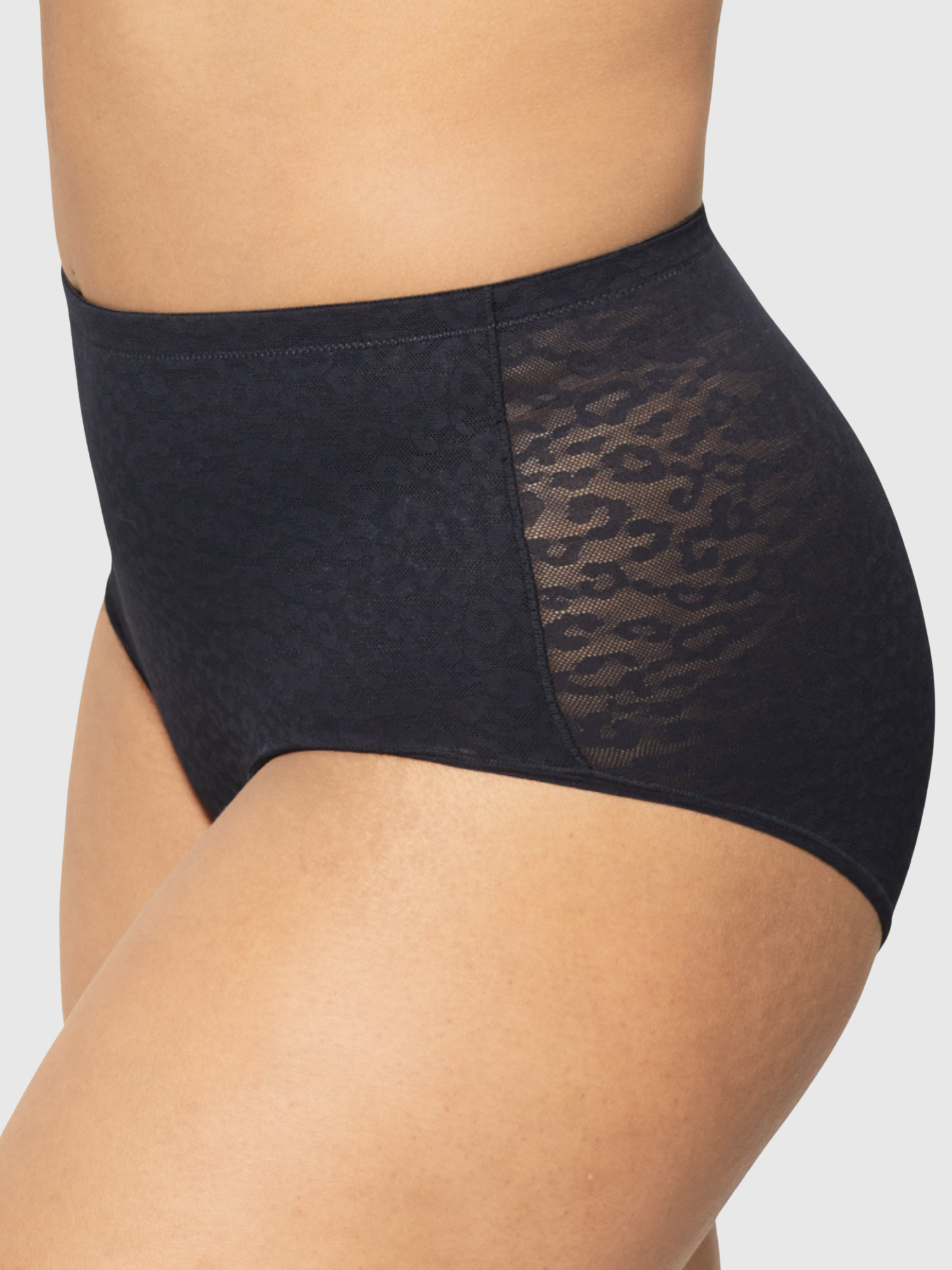 Close-up detail of the Nancy Ganz Lace Supreme Waisted Brief lace texture and soft, smoothing fabric.