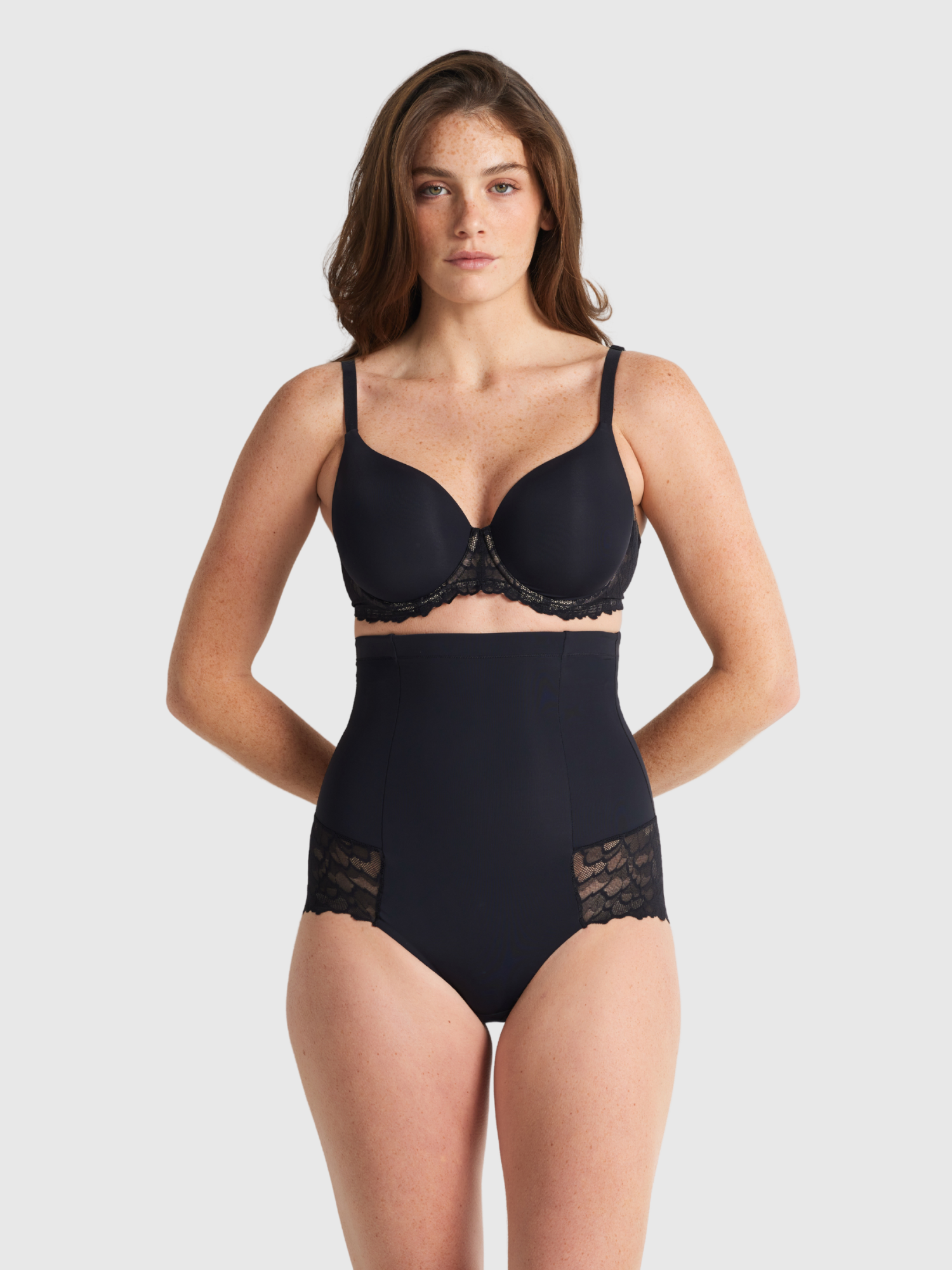 Nancy Ganz Sculpted Lace High Waisted Brief in Black.