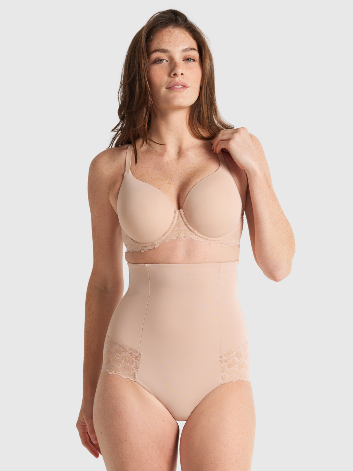 Nancy Ganz Sculpted Lace High Waisted Brief in Warm Taupe