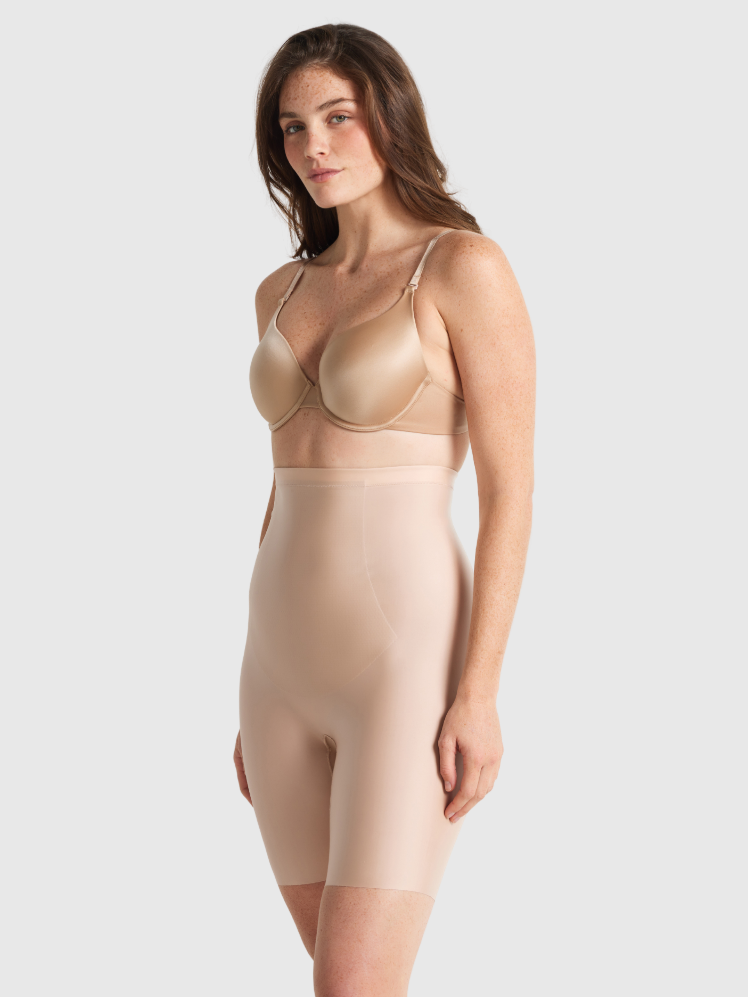 No VPL High Waisted Thigh Shaper in Warm Taupe by Nancy Ganz.