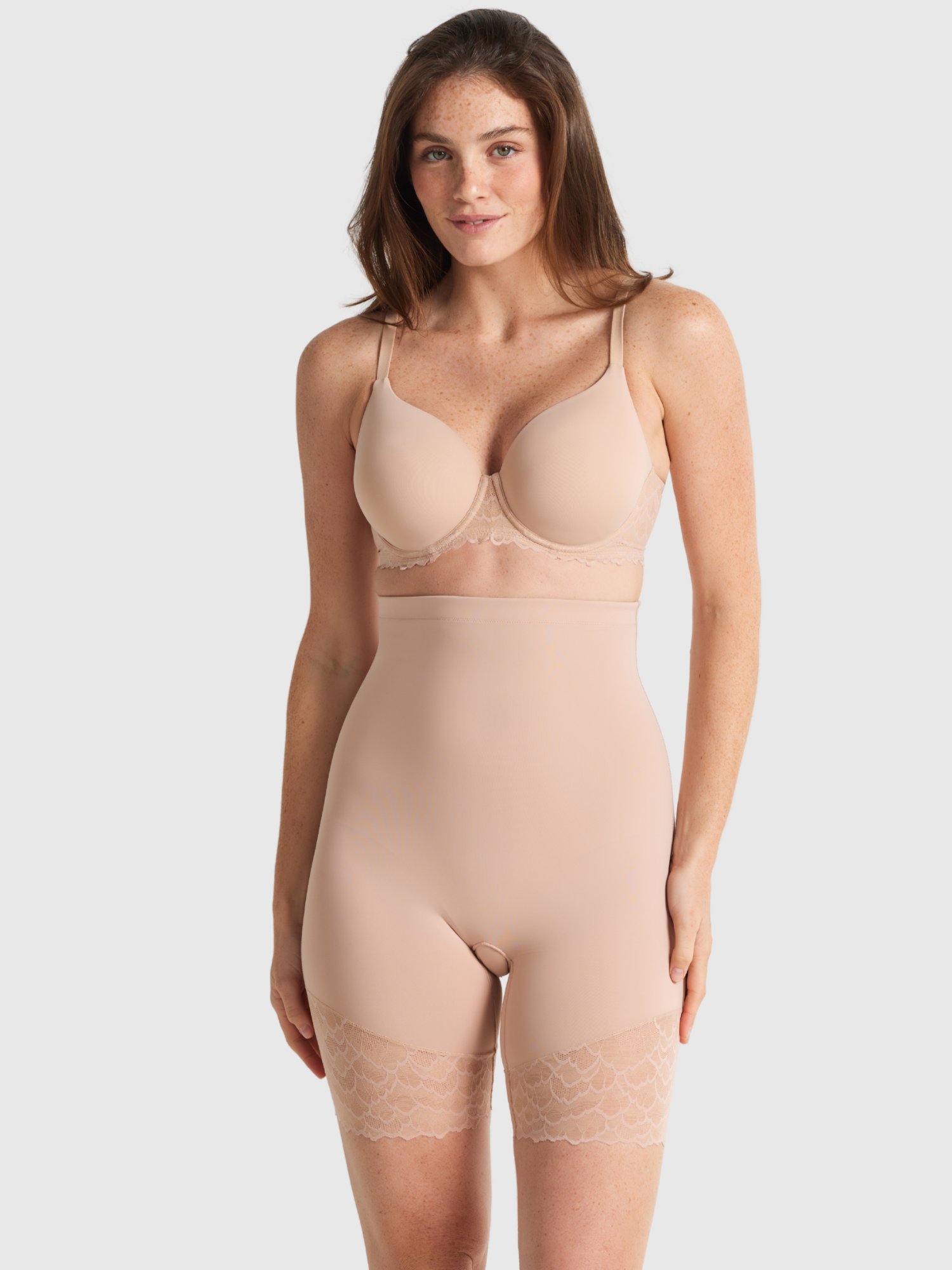 Nancy Ganz Sculpted Lace High Waisted Thigh Shaper in Warm Taupe