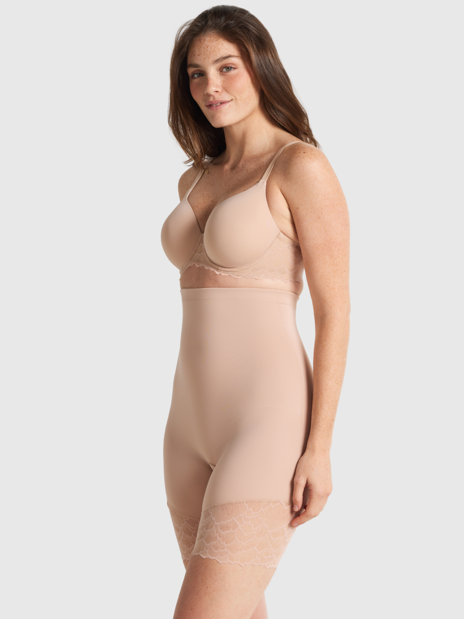 Nancy Ganz Sculpted Lace High Waisted Thigh Shaper in Warm Taupe